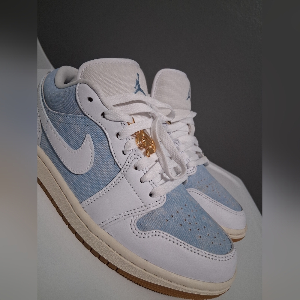 Blue and White Sneakers with Gold Accent